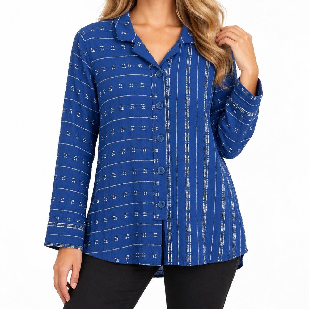 Habitat Sz Medium Blue Wearable Art to Wear Long Sleeve Blouse Shirt Top Artsy